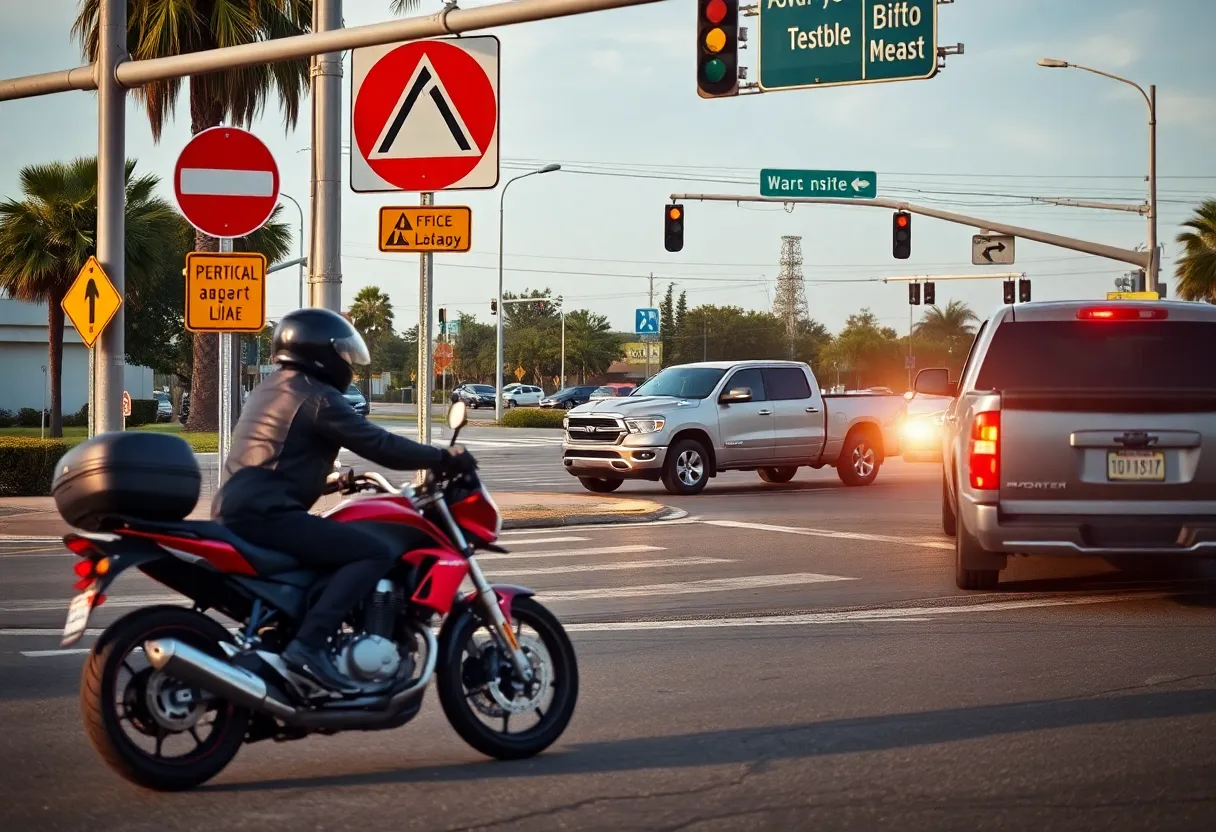 Illustration of a busy intersection in Garden Grove where a motorcycle accident occurred