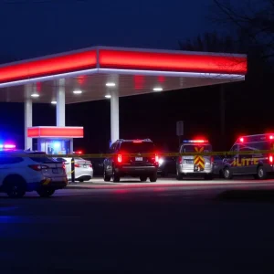 Crime scene at a gas station with police presence