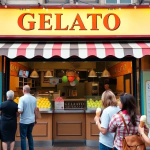 Festive exterior of Gelatissimo store during grand opening celebration