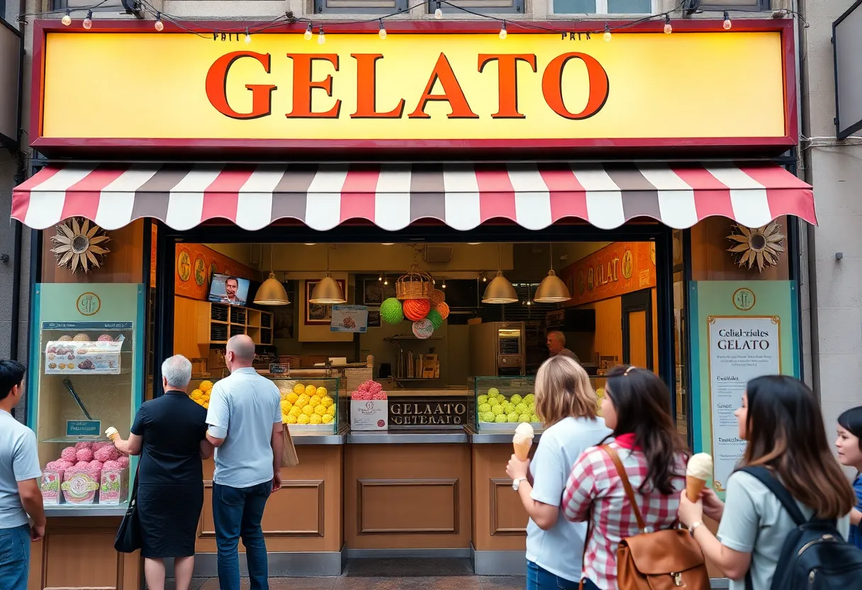 Festive exterior of Gelatissimo store during grand opening celebration