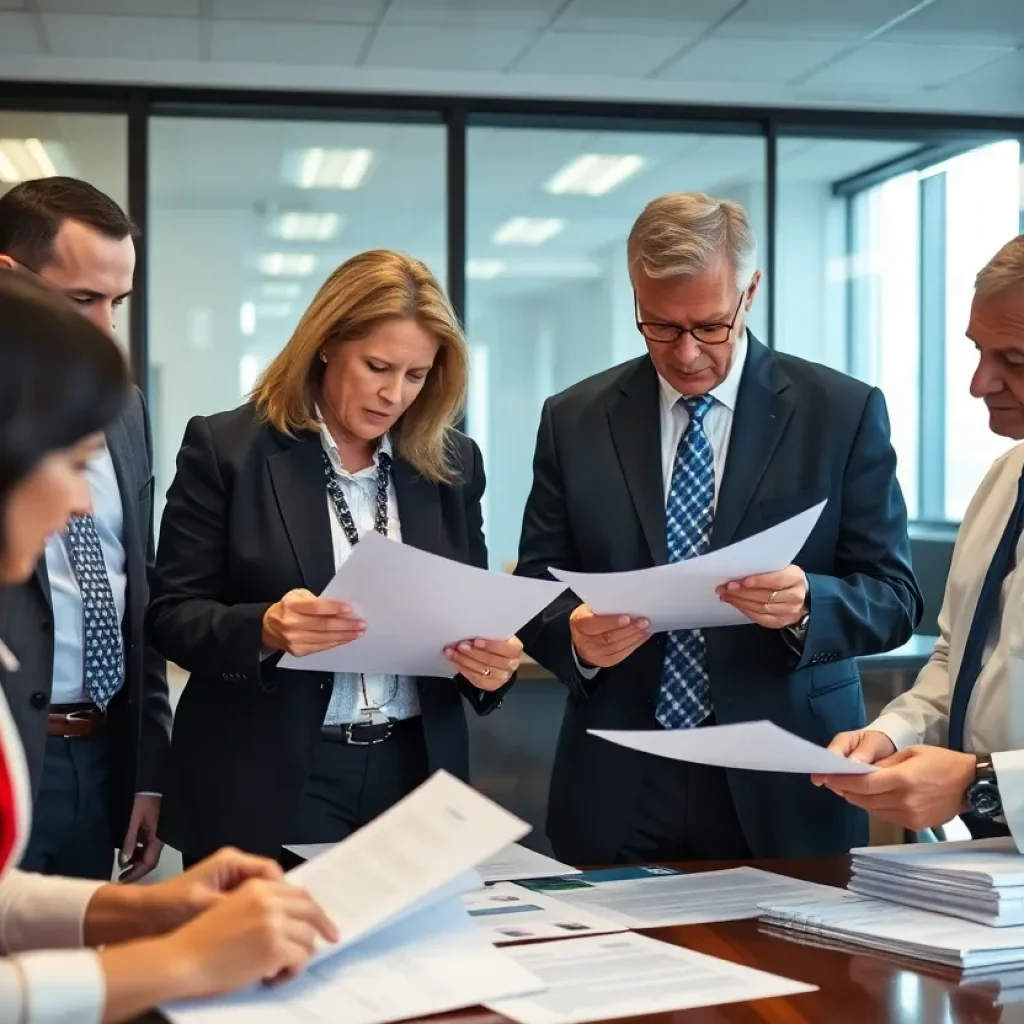 Officials reviewing health contracts in an office setting