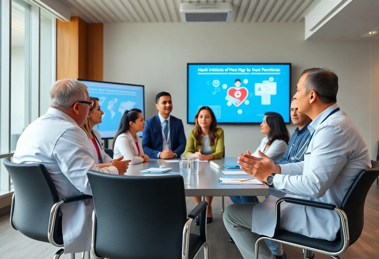 Healthcare professionals discussing initiatives in a meeting.