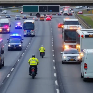Emergency response team investigating a crash scene on a busy freeway
