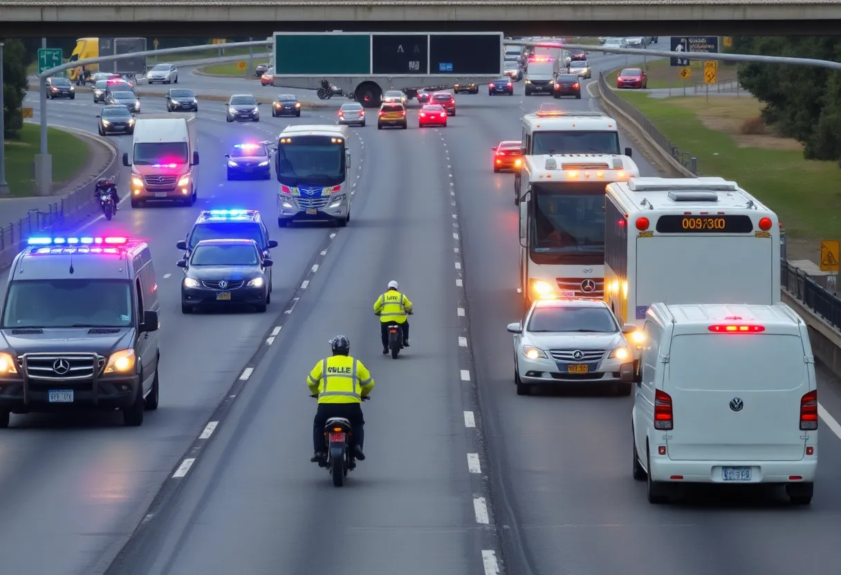 Emergency response team investigating a crash scene on a busy freeway