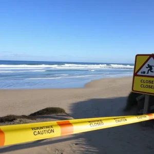 Huntington Beach coastline closed with warning signs due to sewage spill.