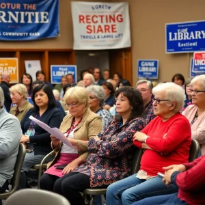 Community members discussing library measures in Huntington Beach