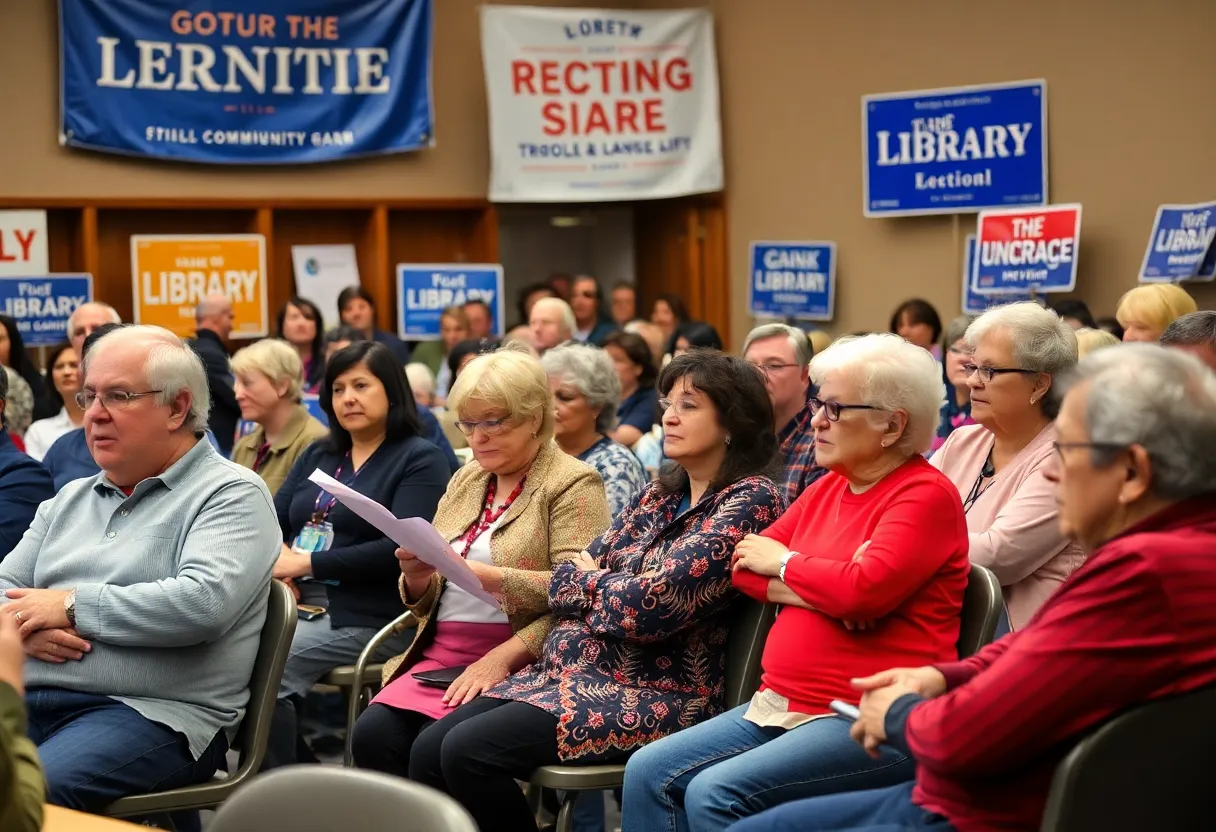 Community members discussing library measures in Huntington Beach