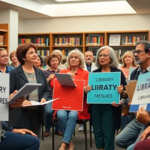 Residents engaging in a heated discussion about library measures