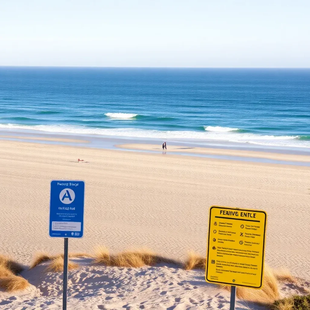 A view of Huntington Beach with beach safety signs