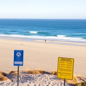 A view of Huntington Beach with beach safety signs