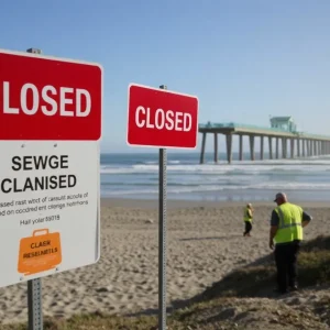 Cleanup efforts at Huntington Beach due to a sewage spill.