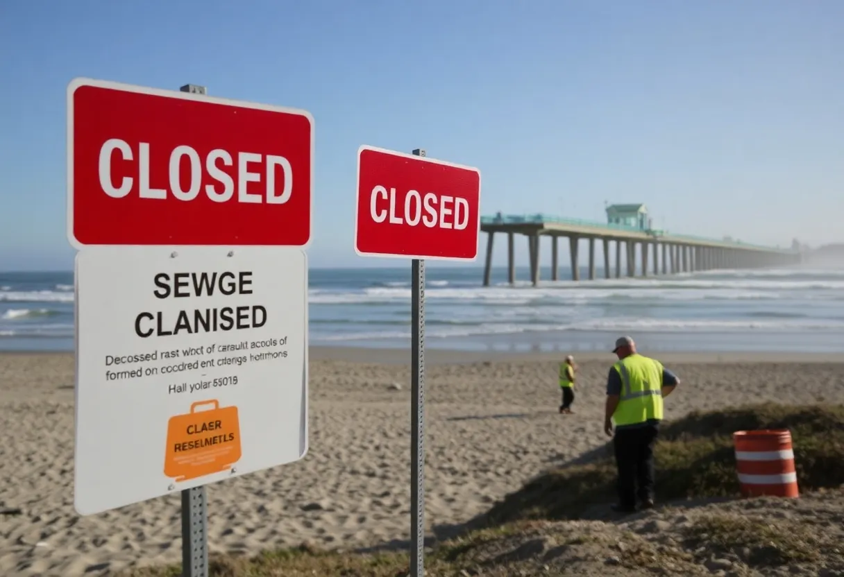 Cleanup efforts at Huntington Beach due to a sewage spill.