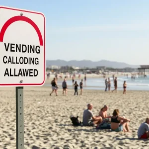 Beachgoers at Huntington Beach with a sign prohibiting vending