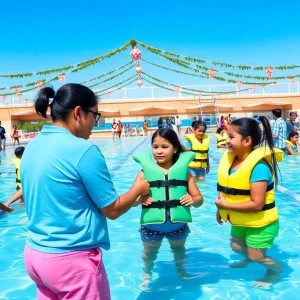 Families participating in the Floatie Exchange Program in Irvine