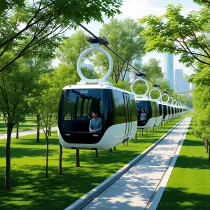 Conceptual image of the Irvine gondola transit system over Great Park.