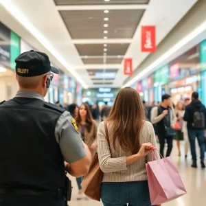Security personnel at Irvine Spectrum mall monitoring shoppers.