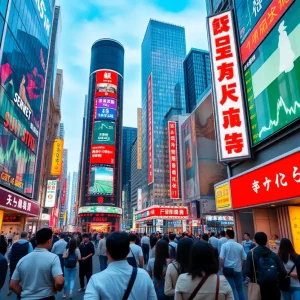 Vibrant financial districts showing stock market growth in Japan and Taiwan.