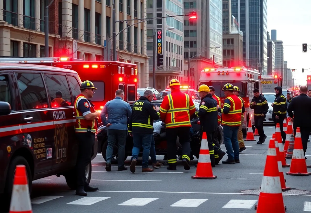Emergency responders assisting at a downtown traffic accident scene.