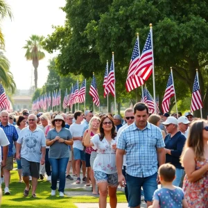 Community gathering celebrating Memorial Day with American flags