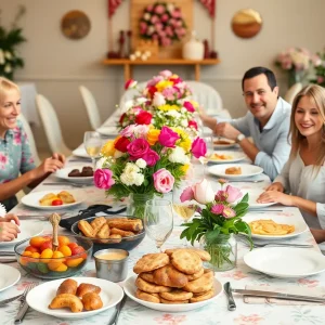 Families enjoying a Mother's Day brunch with various dishes and decor