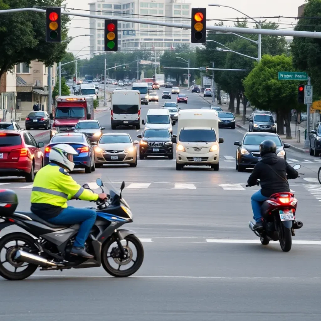 Motorcyclist navigating through traffic in Santa Ana