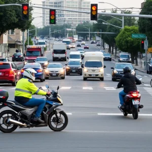 Motorcyclist navigating through traffic in Santa Ana