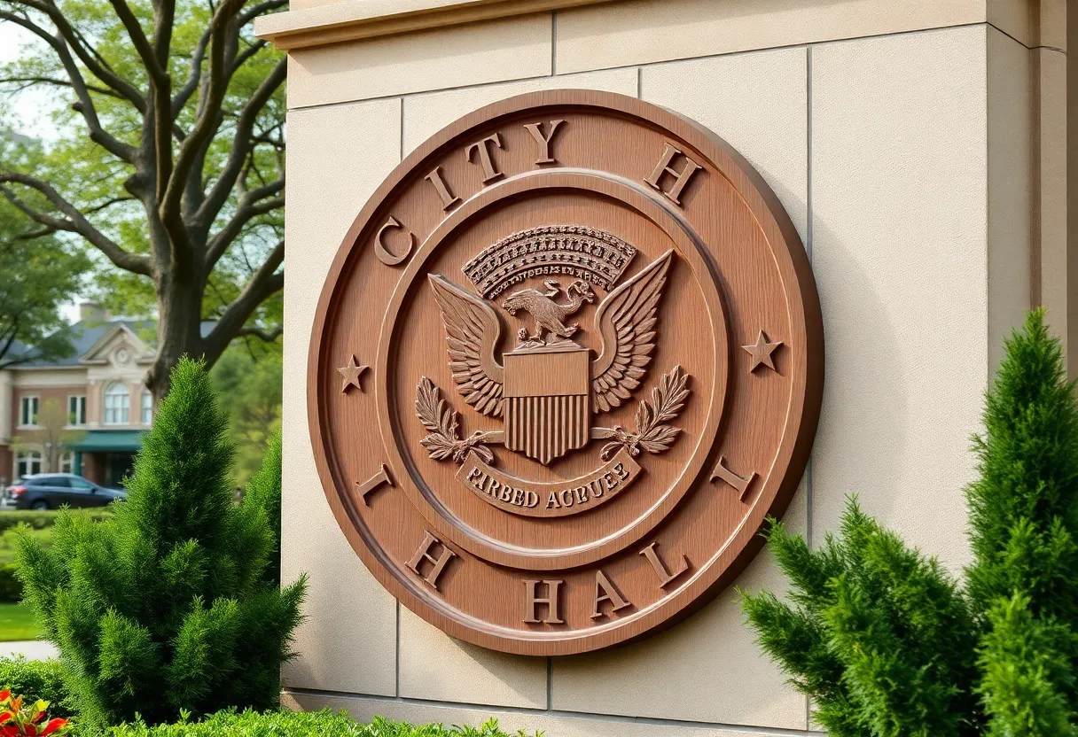 Revitalized wooden city seal of Newport Beach on City Hall