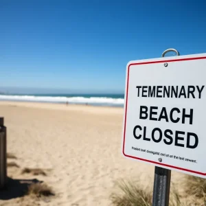 Closure sign on Newport Beach due to sewage spill