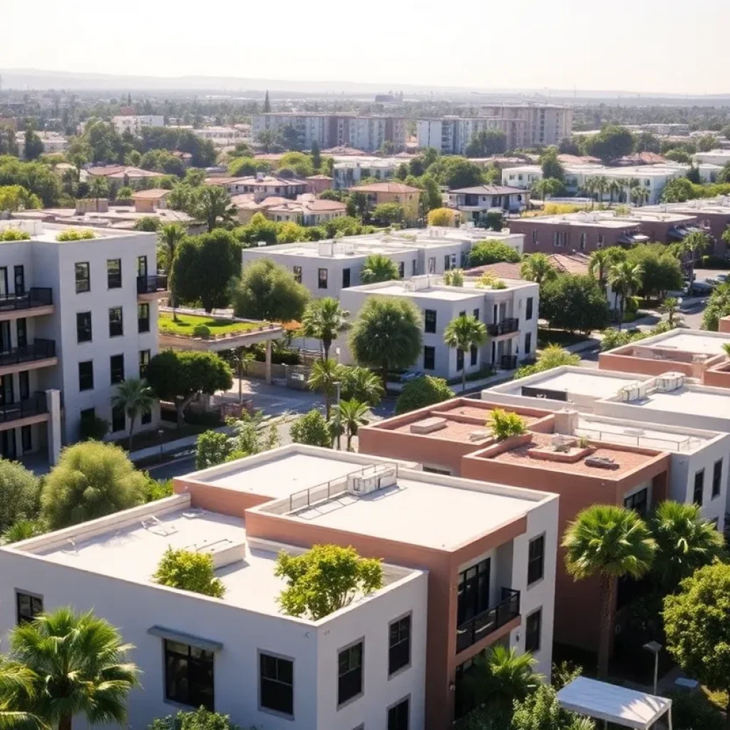 Residential buildings in Newport Beach with green landscapes