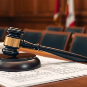 Courtroom with gavel and legal documents representing loan fraud case.