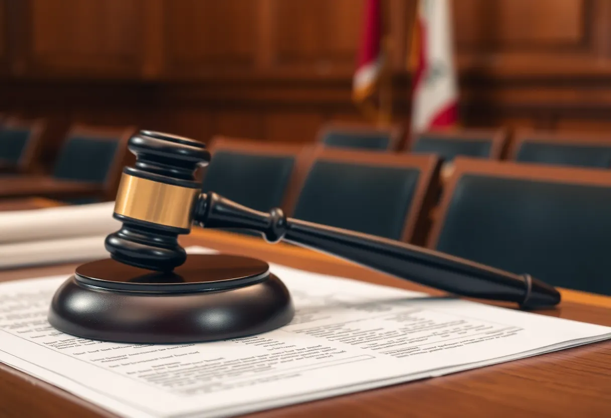 Courtroom with gavel and legal documents representing loan fraud case.