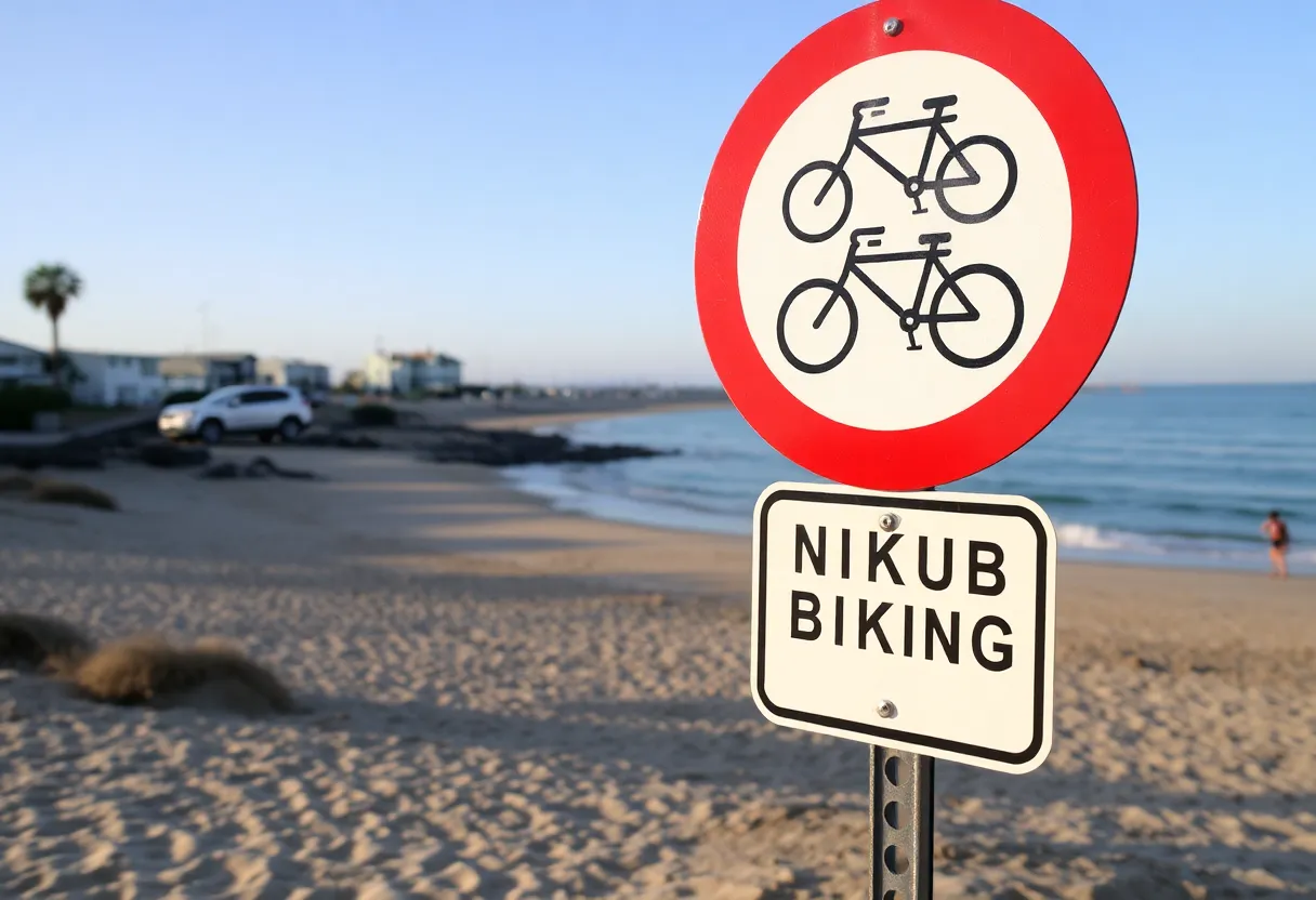 A no-biking sign at Newport Beach with beachgoers in the background.