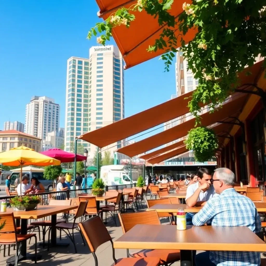 Outdoor dining patio with tables and canopies in Newport Beach