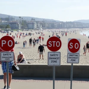 Families at Newport Beach with Safety Enhancement Zone signs visible