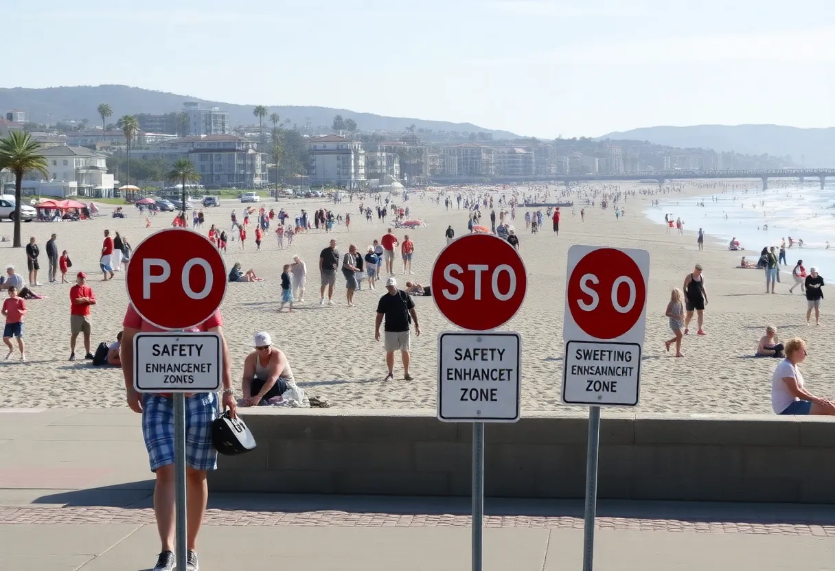Families at Newport Beach with Safety Enhancement Zone signs visible