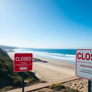 Warning signs at Newport Beach due to a sewage spill