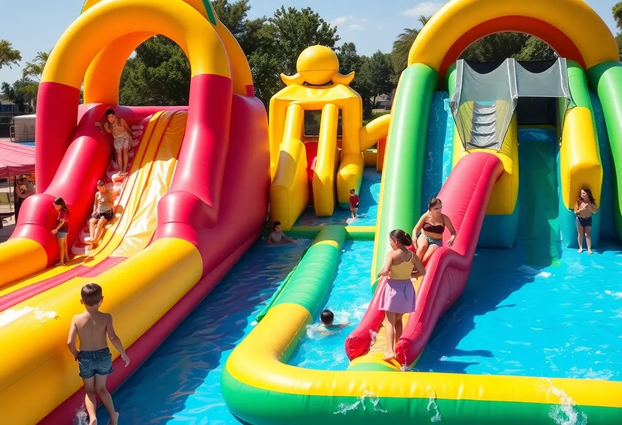 Families enjoying the Inflatable Aquatic Park at Newport Dunes