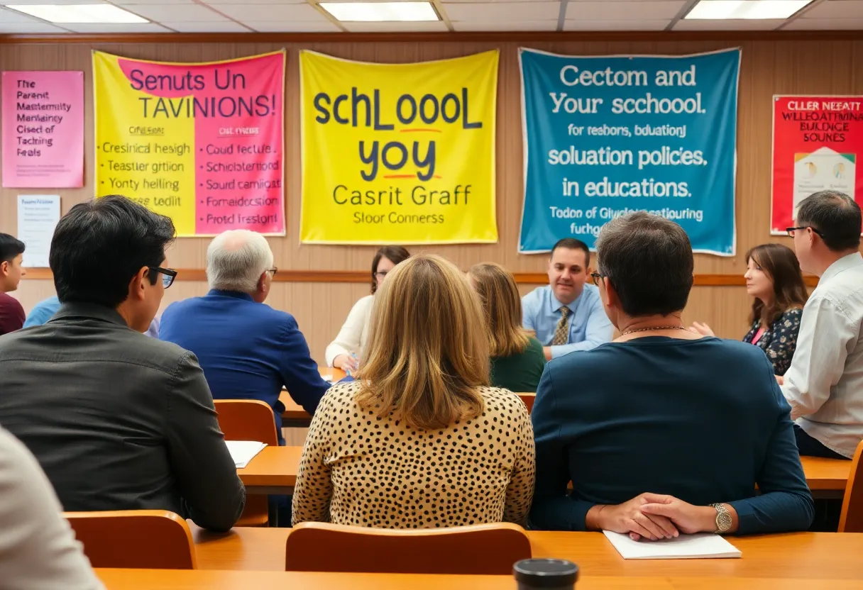 Parents and teachers discussing at a Newport-Mesa school board meeting