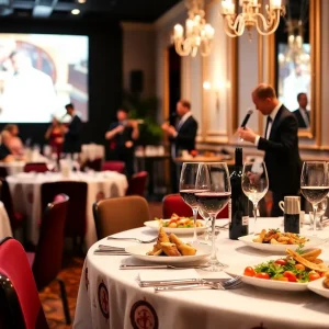 Guests enjoying gourmet food and wine at the NOBLE Wine & Dine event in Newport Beach.