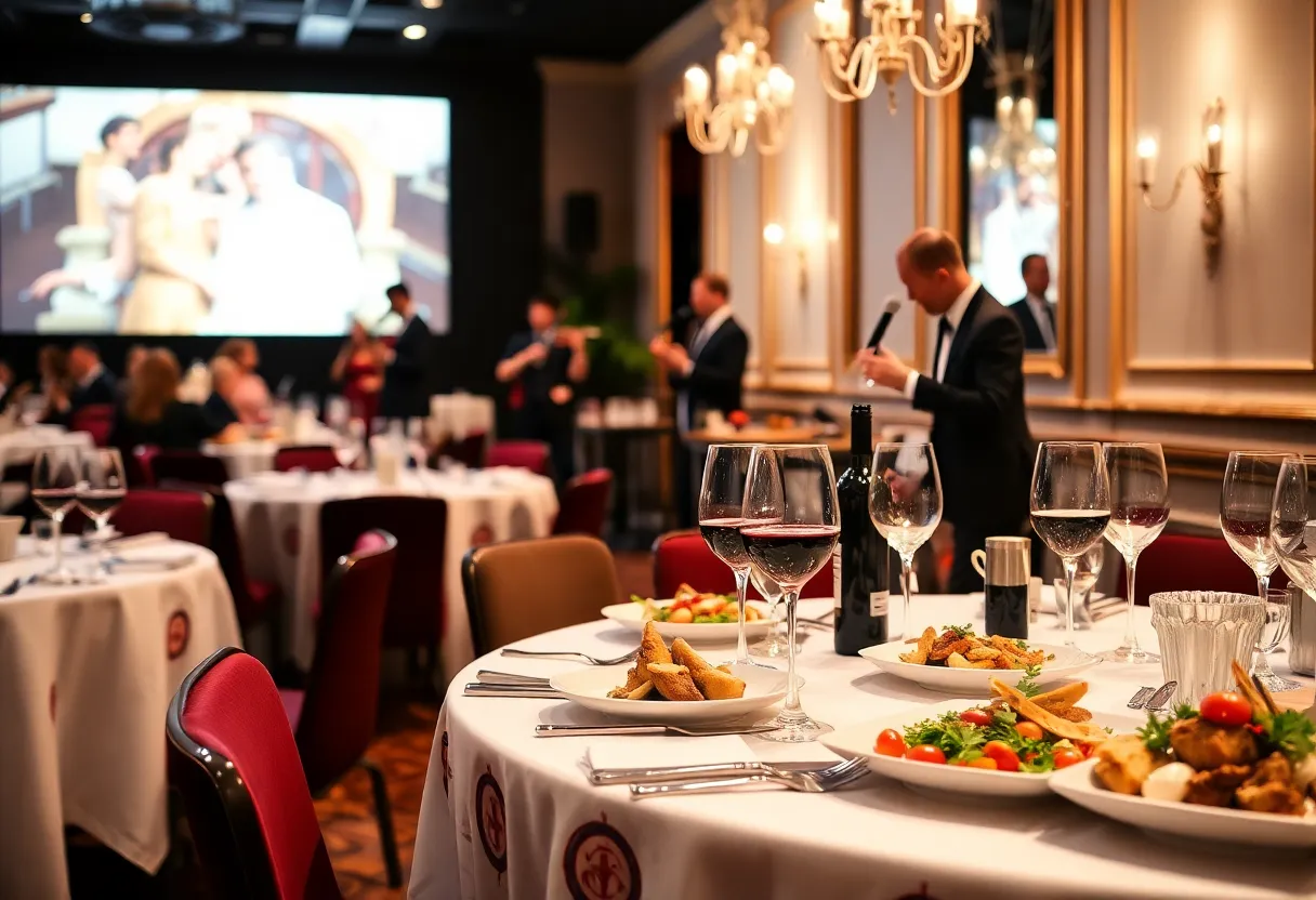 Guests enjoying gourmet food and wine at the NOBLE Wine & Dine event in Newport Beach.