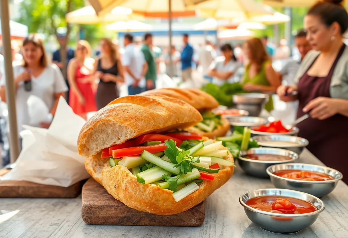 Participants in a cooking demonstration preparing bánh mì at Orange Coast College.