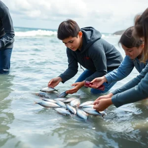 Students releasing white seabass into the ocean