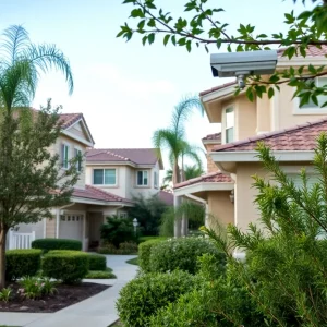 A residential street in Orange County with security features.
