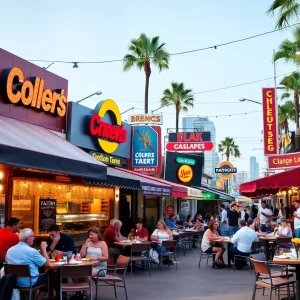 A lively restaurant scene in Orange County with various diners and cuisines.