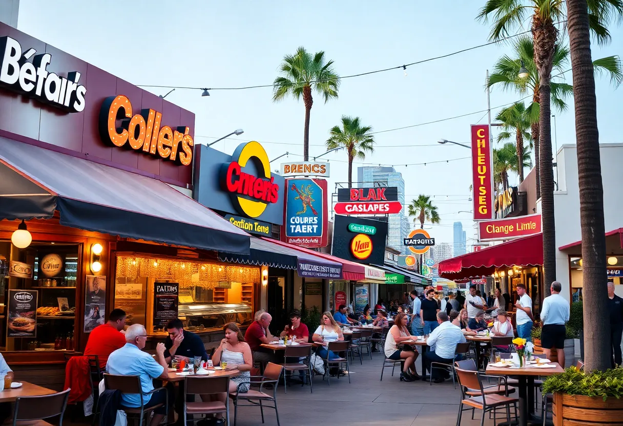 A lively restaurant scene in Orange County with various diners and cuisines.