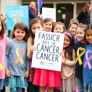 A group of children advocating for pediatric cancer awareness with colorful banners.