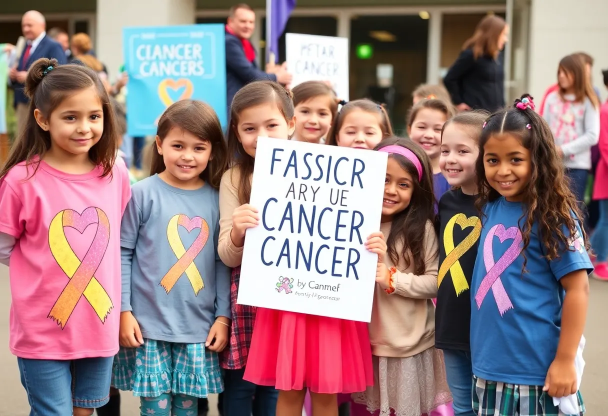 A group of children advocating for pediatric cancer awareness with colorful banners.