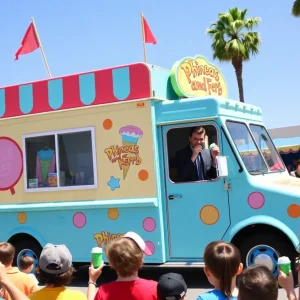 Phineas and Ferb-themed ice cream truck with fans in Southern California