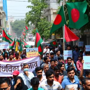 Crowds demonstrating in support of political reform in Bangladesh