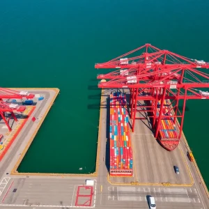 View of the Port of Los Angeles with empty container berths